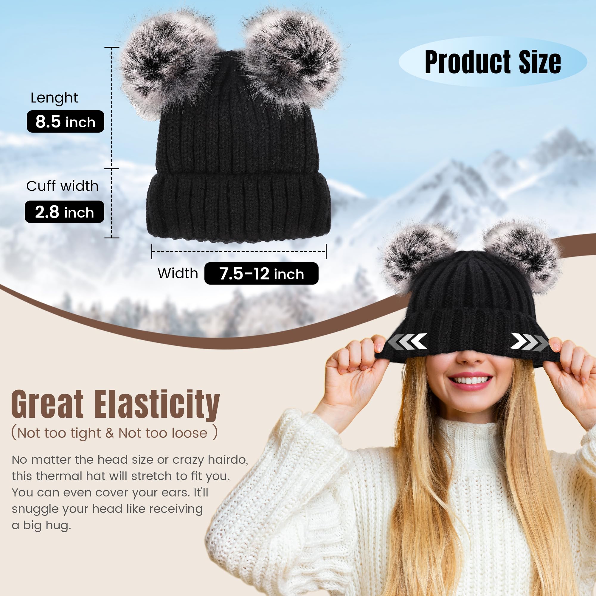 Arctic Paw Women's Black Beanie for Winter Chunky Knit Pompom Ski Snowboard Beanie Hat