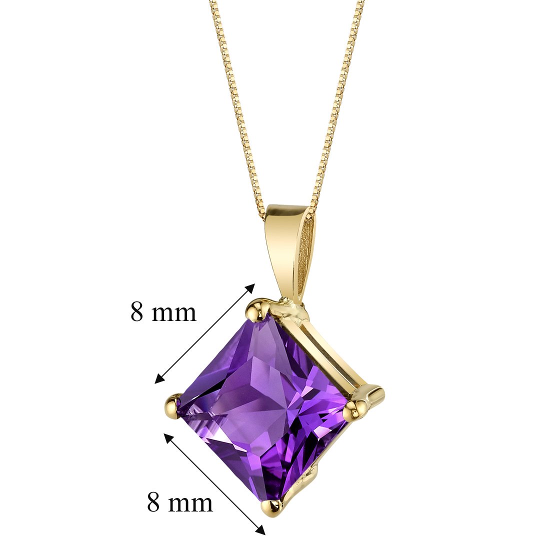 PEORA Solid 14K Yellow Amethyst Pendant for Women, 2 Carats Princess Cut 8mm, Genuine Gemstone Birthstone Solitaire