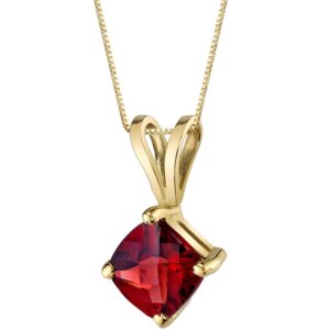 peora 14k solid yellow gold red garnet pendant for women, natural gemstone birthstone classic solitaire, 1 carat cushion cut, 6mm