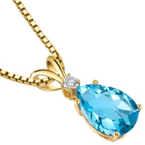 PEORA 14K Yellow Gold Swiss Blue Topaz with Diamond Pendant for Women, Genuine Gemstone Birthstone Elegant Teardrop Solitaire, Pear Shape, 10x7mm, 2.30 Carats total