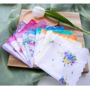 MZLIU Womens Girls Vintage Floral Cotton Handkerchiefs with Scalloped Edge Hankies 3PCS