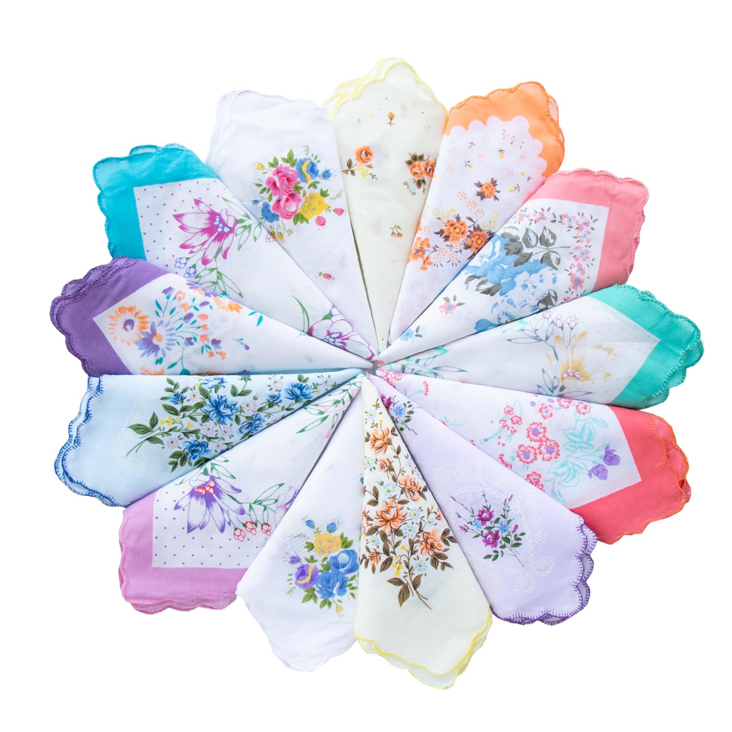 MZLIU Womens Girls Vintage Floral Cotton Handkerchiefs with Scalloped Edge Hankies 3PCS