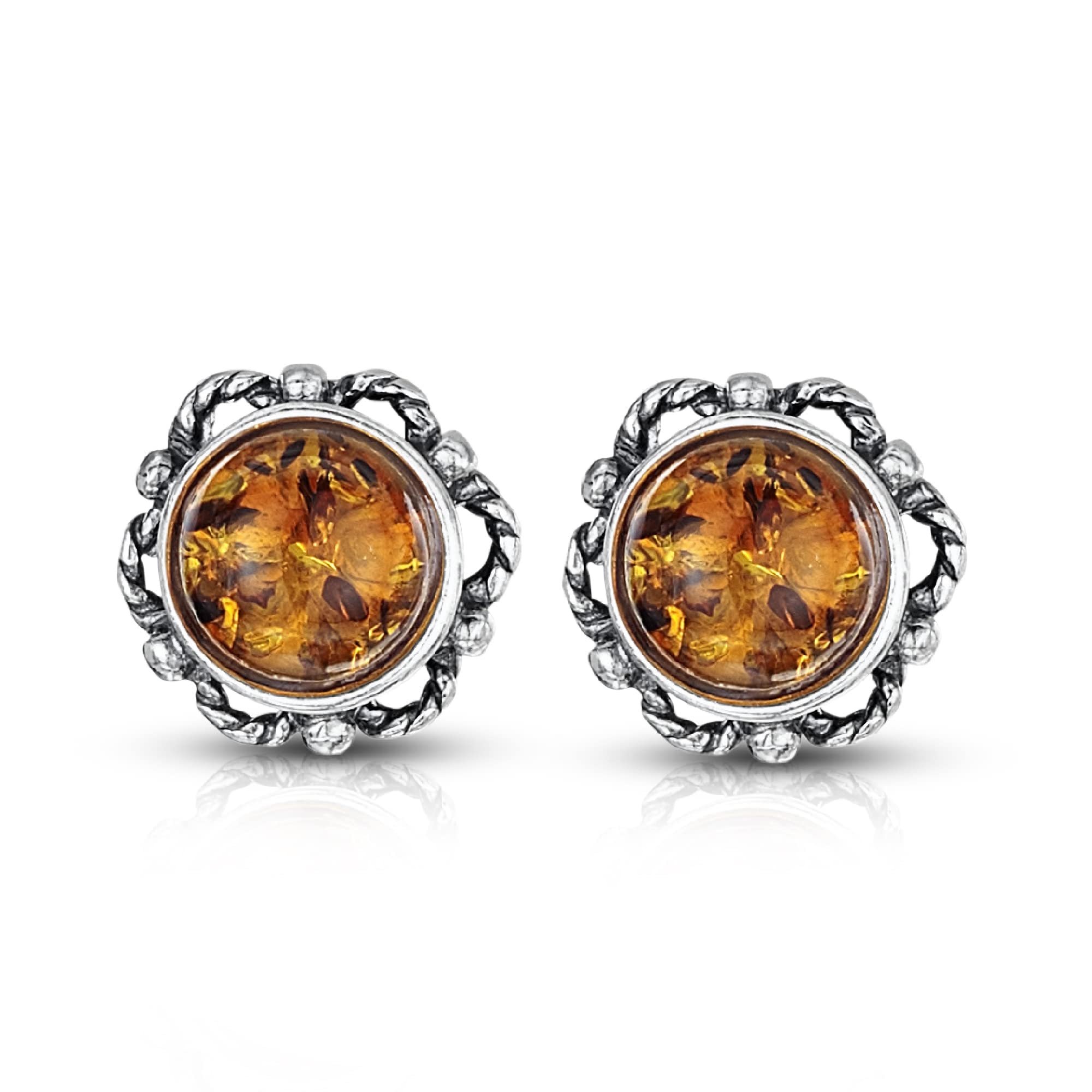 Amberta 925 Sterling Silver with Genuine Baltic Amber - Earrings for Women - Bloom Button Ball - Studs with Honey Stone Color