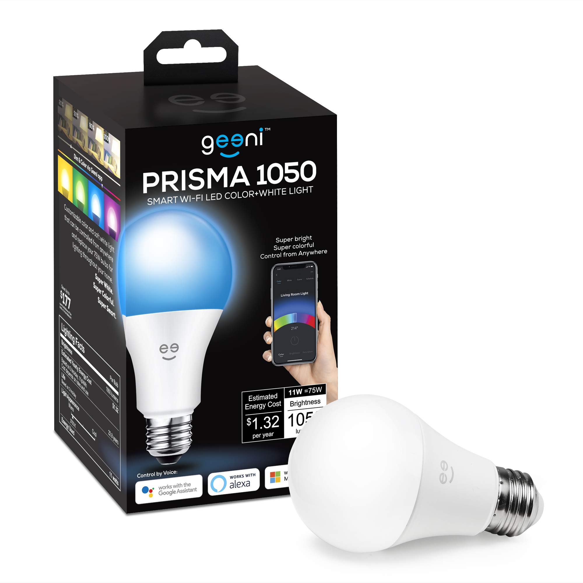 Geeni PRISMA 1050 Wi-Fi LED Light Bulb, Multicolor (2700K) – Dimmable LED Bulbs, A21, 75-Watt Equivalent – No Hub Required – Works with Amazon Alexa, Google Assistant