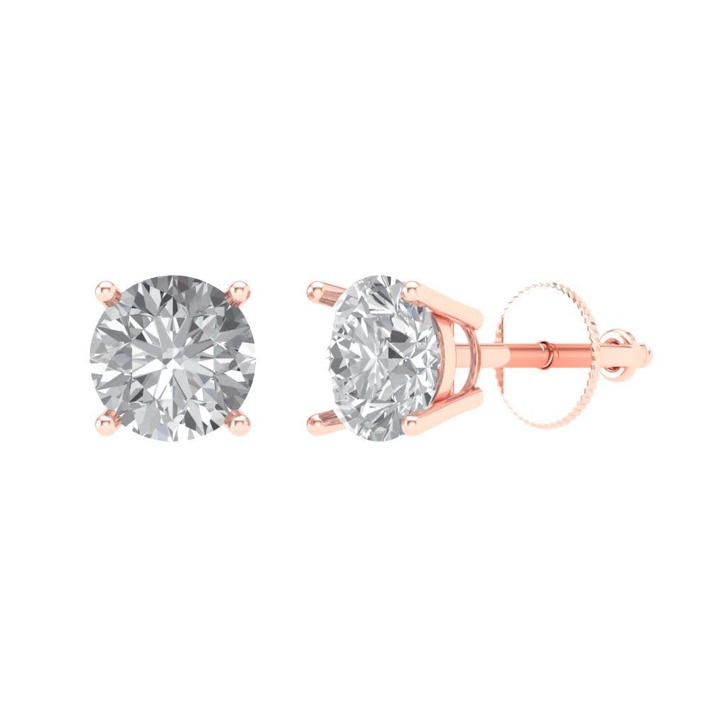 Clara Pucci 2 ct Brilliant Round Cut Studs Clear Simulated Diamond 14k Rose Solid Gold Earrings Screw back