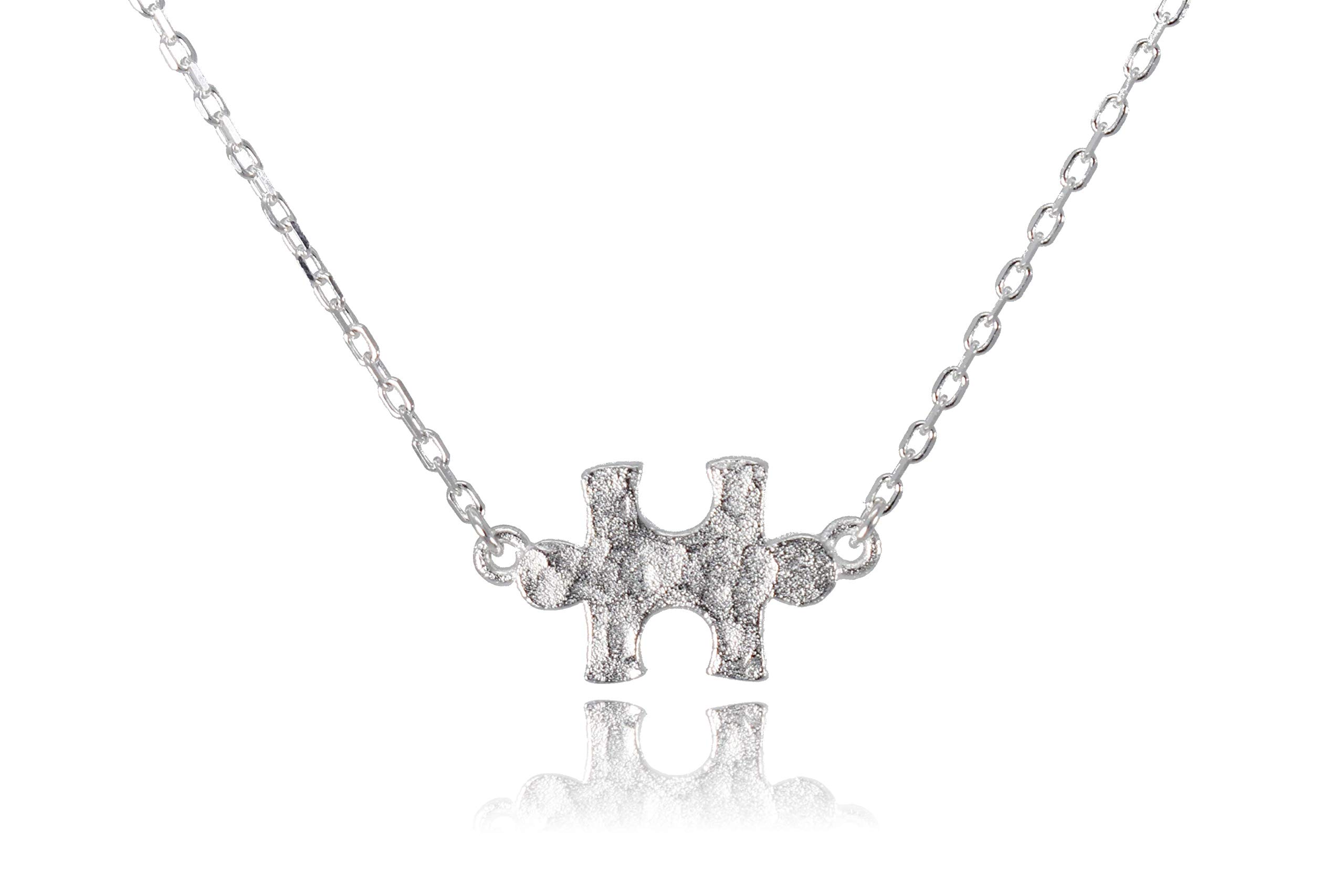 Dote Puzzle Piece Dainty Genuine .925 Sterling Silver Hammered Necklace w/ 16-18" Adjustable Chain Autism Awareness (Hammered)