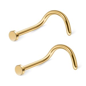 Ruifan 18G 316L Surgical Steel Nose Stud Twister Screws Ring with 2MM Flat Top Piercing Jewelry 2PCS - Gold