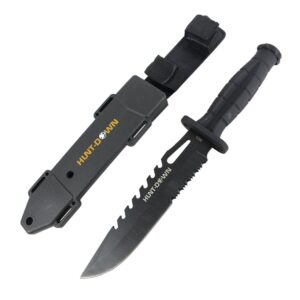 hunt-down 13" drop point hunting knife with plastic sheath grenade design handle