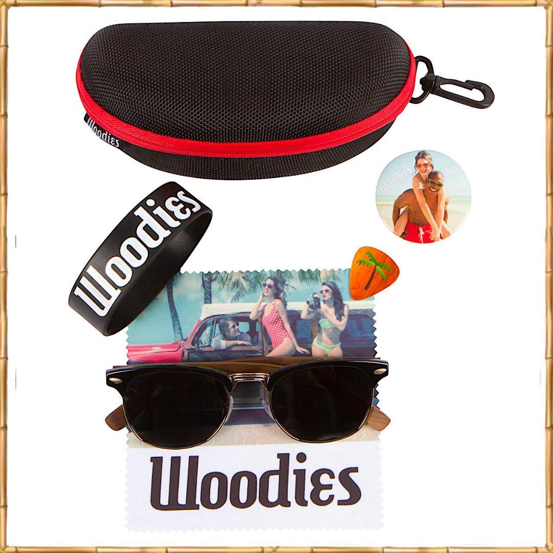 Woodies Gold Semi-Rimless Walnut Wood Retro Sunglasses for Men and Women | Black Polarized Lenses and Real Wooden Frame | 100% UVA/UVB Protection