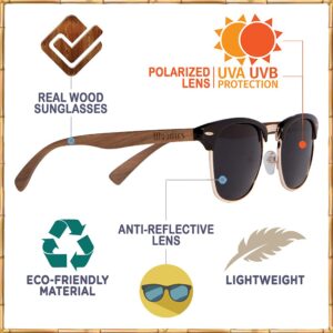 Woodies Gold Semi-Rimless Walnut Wood Retro Sunglasses for Men and Women | Black Polarized Lenses and Real Wooden Frame | 100% UVA/UVB Protection