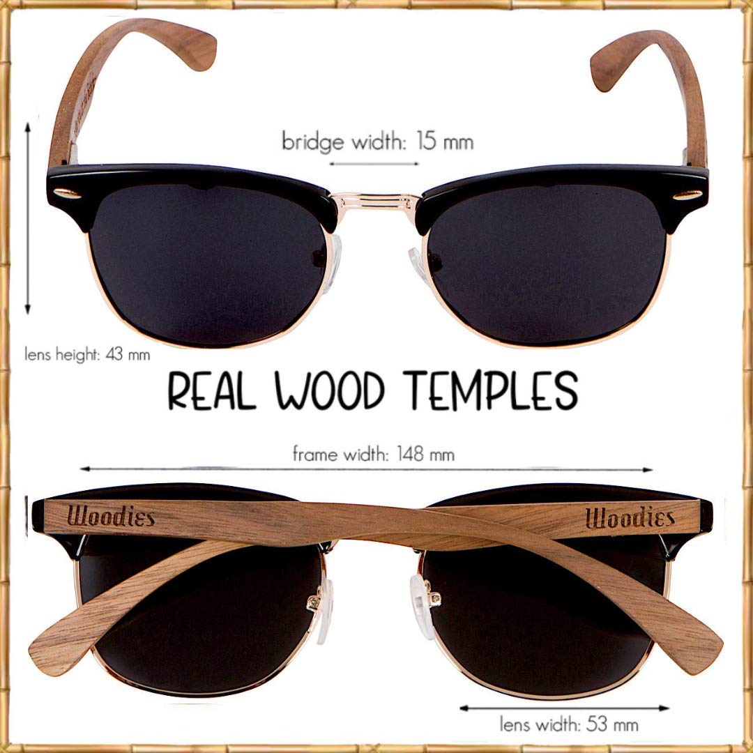 Woodies Gold Semi-Rimless Walnut Wood Retro Sunglasses for Men and Women | Black Polarized Lenses and Real Wooden Frame | 100% UVA/UVB Protection