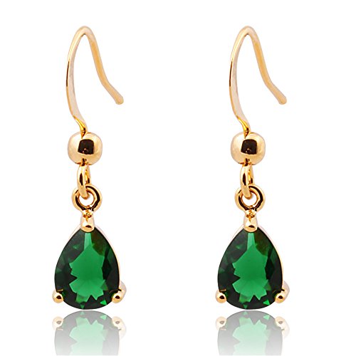 Dangle Drop Pierced Earrings with Pear Cut CZ Simulated Green Emerald in 18K Yellow Gold Plated, Simple Modern Elegant