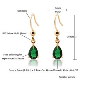 Dangle Drop Pierced Earrings with Pear Cut CZ Simulated Green Emerald in 18K Yellow Gold Plated, Simple Modern Elegant