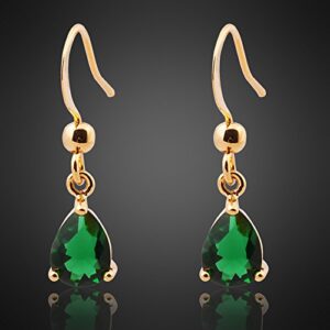 Dangle Drop Pierced Earrings with Pear Cut CZ Simulated Green Emerald in 18K Yellow Gold Plated, Simple Modern Elegant