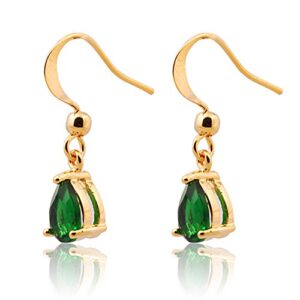 Dangle Drop Pierced Earrings with Pear Cut CZ Simulated Green Emerald in 18K Yellow Gold Plated, Simple Modern Elegant