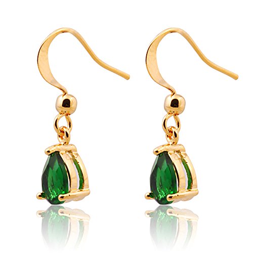 Dangle Drop Pierced Earrings with Pear Cut CZ Simulated Green Emerald in 18K Yellow Gold Plated, Simple Modern Elegant