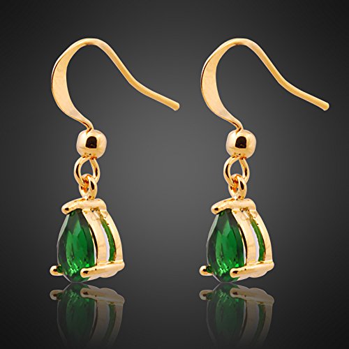 Dangle Drop Pierced Earrings with Pear Cut CZ Simulated Green Emerald in 18K Yellow Gold Plated, Simple Modern Elegant