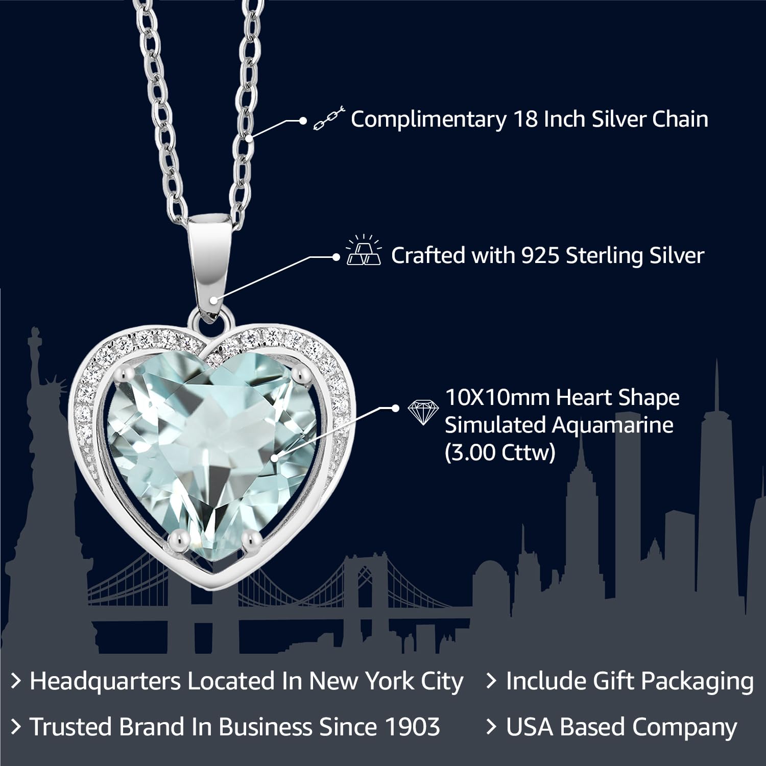 Gem Stone King 925 Sterling Silver Simulated Aquamarine Pendant Necklace For Women (3.00 Cttw, Heart Shape 10MM, With 18 Inch Silver Chain)