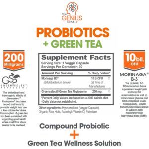 Genius Probiotics for Weight Loss with Green Tea Extract - Fat Burner Supplement & Digestive Health Pills for Bloating Relief for Women & Men - Shelf Stable Probiotic Metabolism Booster - 30 Servings