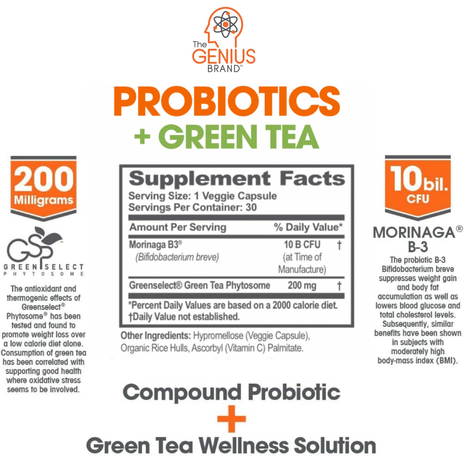 Genius Probiotics for Weight Loss with Green Tea Extract - Fat Burner Supplement & Digestive Health Pills for Bloating Relief for Women & Men - Shelf Stable Probiotic Metabolism Booster - 30 Servings