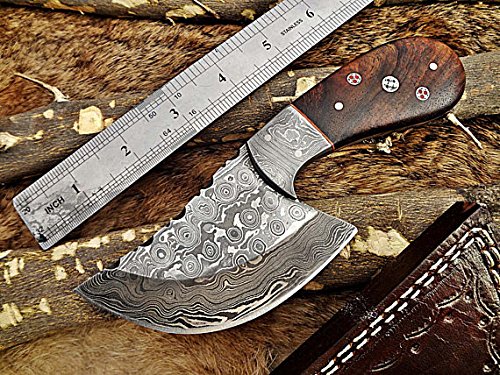 6.7"5 long compact Hand Forged Damascus Steel wide blade skinning Knife with 3.5" cutting, Natural Walnut scale with Damascus Bolster, Cow Hide leather sheath (wood)