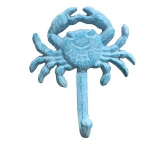 Hampton Nautical Whitewashed Cast Iron Crab Hook, 5", Rustic Light Blue