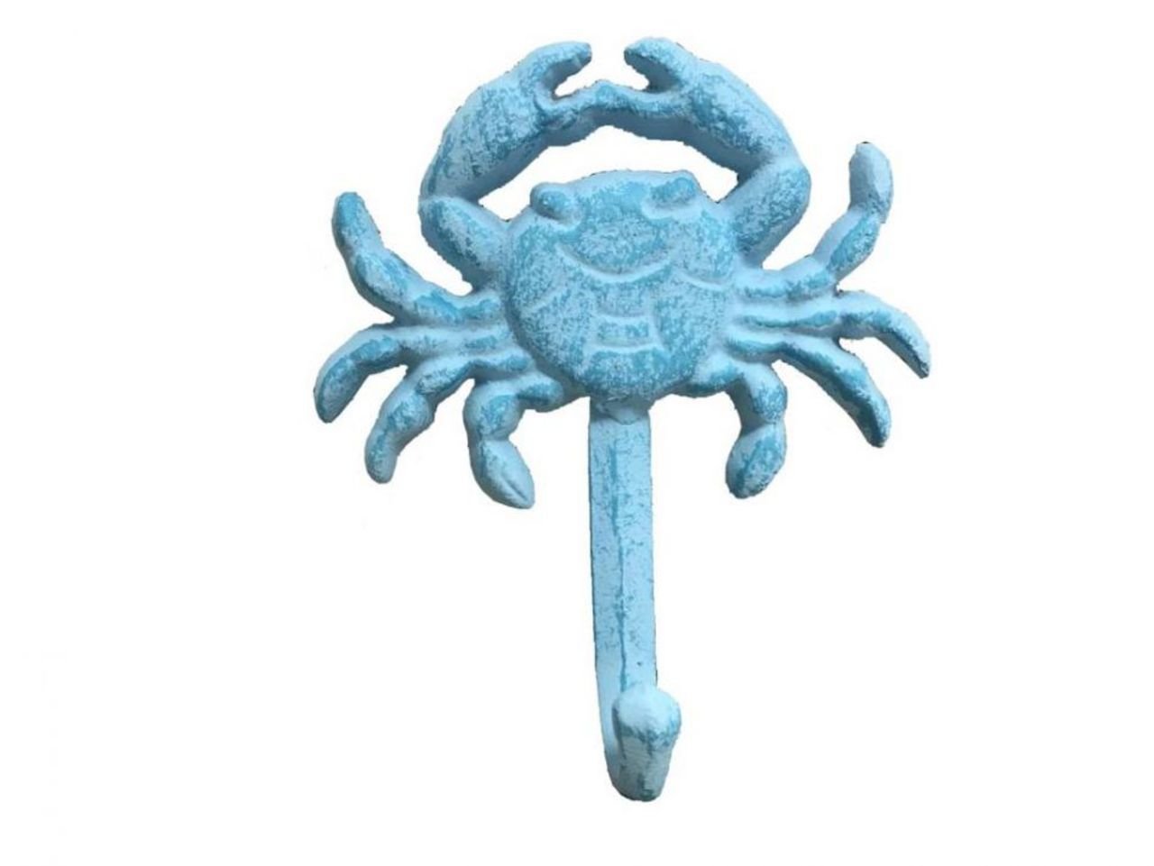 Hampton Nautical Whitewashed Cast Iron Crab Hook, 5", Rustic Light Blue