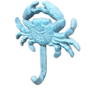 Hampton Nautical Whitewashed Cast Iron Crab Hook, 5", Rustic Light Blue