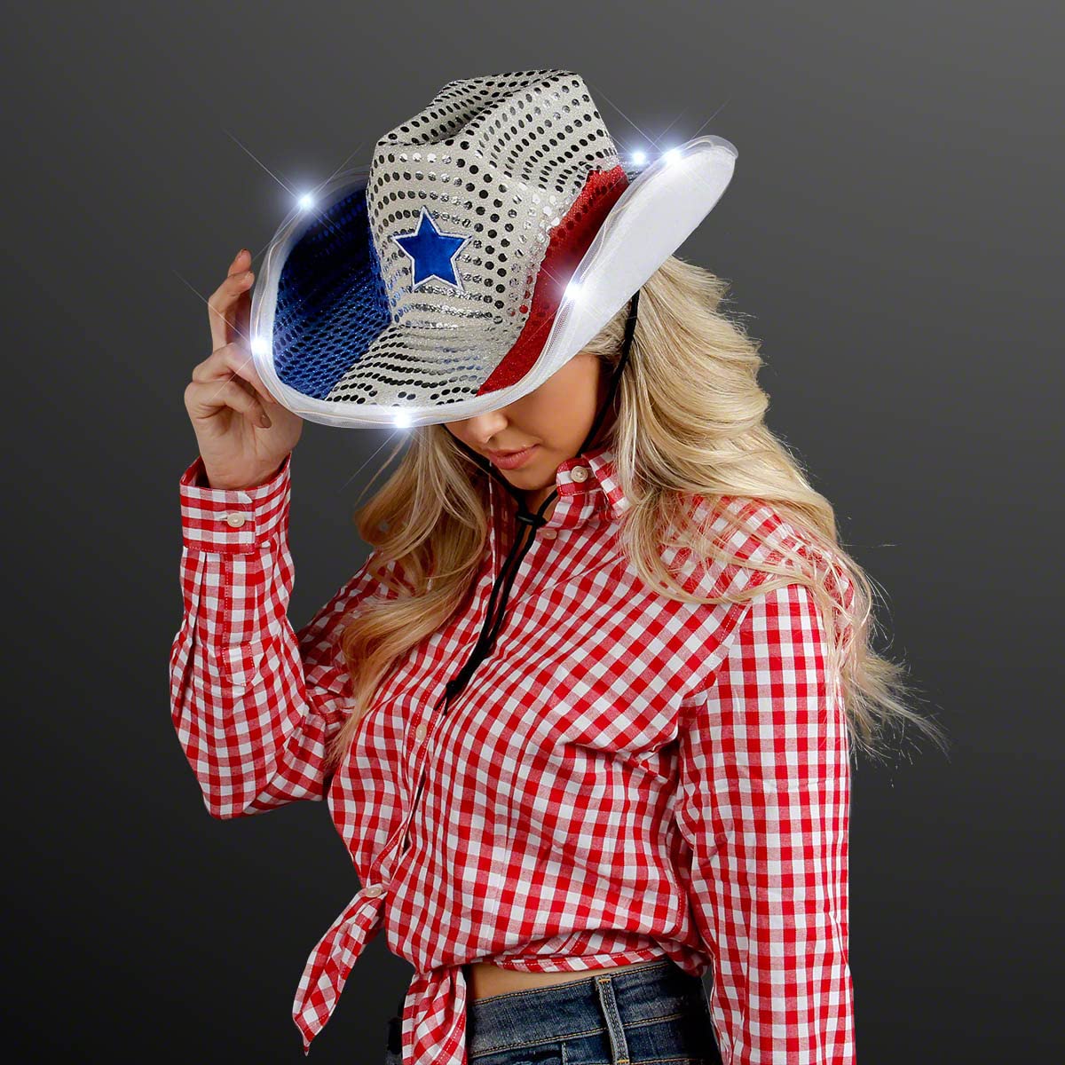 FlashingBlinkyLights Red White and Blue Sequin Light Up LED Cowboy Hat with White LED Brim