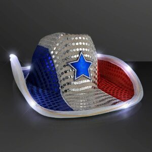 FlashingBlinkyLights Red White and Blue Sequin Light Up LED Cowboy Hat with White LED Brim