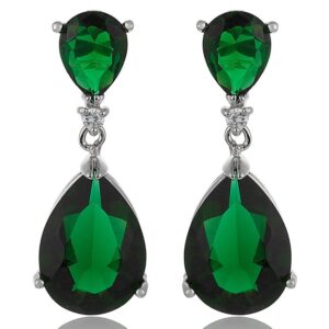 [RIZILIA CELEBOX] Teardrop Dangle Pierced 1.1" Earrings with Pear Cut CZ [Simulated Green Emerald] in White Gold Plated, Celebrity inspired by Angelina Jolie