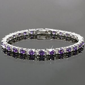 RIZILIA Round Simulated Purple Amethyst and White Cubic Zirconia 18K White gold Plated Tennis Bracelet, 7"