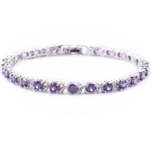 RIZILIA Round Simulated Purple Amethyst and White Cubic Zirconia 18K White gold Plated Tennis Bracelet, 7"