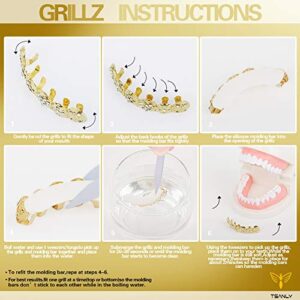 24K Gold Plated Grillz Bottom Vampire Fangs Grill Hip Hop Teeth Caps + Extra Molding Bars + Microfiber Cloth