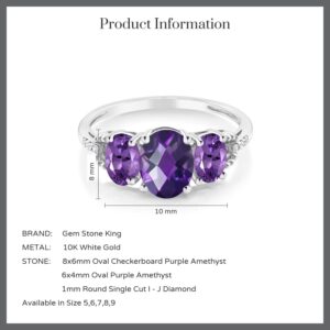 Gem Stone King 10K White Gold Oval Checkerboard Purple Amethyst and Diamond Accent 3-Stone Women Engagement Ring (1.75 Cttw, Gemstone Birthstone) (Size 7)