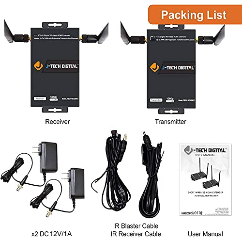 J-Tech Digital 1X2 Wireless HDMI Extender 200’ Dual Antenna Supporting Full HD 1080p with HDMI Loop Output Operation Channel Change IR Passthrough (Receiver + Transmitter 1080P 200ft)