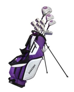 precise m5 ladies womens complete right handed golf clubs set includes titanium driver, s.s. fairway, s.s. hybrid, s.s. 5-pw irons, putter, stand bag, 3 h/c's purple (right hand tall size +1")