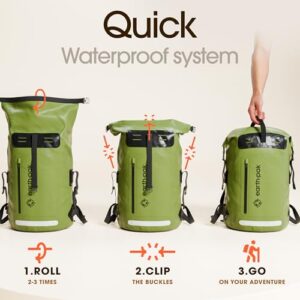 Earth Pak Waterproof Backpack - Heavy Duty Hiking Backpack - Roll-Top Closure - Waterproof Bag - Cushioned Dry Bags Waterproof w/ IPX8 Waterproof Phone Case - Wet Bag for Hiking, Kayak (Green 35L)