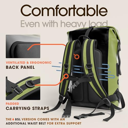 Earth Pak Waterproof Backpack - Heavy Duty Hiking Backpack - Roll-Top Closure - Waterproof Bag - Cushioned Dry Bags Waterproof w/ IPX8 Waterproof Phone Case - Wet Bag for Hiking, Kayak (Green 35L)