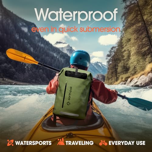 Earth Pak Waterproof Backpack - Heavy Duty Hiking Backpack - Roll-Top Closure - Waterproof Bag - Cushioned Dry Bags Waterproof w/ IPX8 Waterproof Phone Case - Wet Bag for Hiking, Kayak (Green 35L)