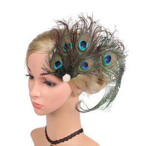 ACTLATI Elegant Peacock Feather Hair Clip Fascinator Hairpin Rhinestones Headband Cocktail Party Girls Women, Green, One Size