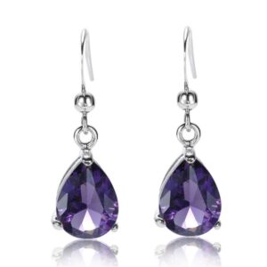 rizilia dangle drop pierced earrings with pear cut cz [simulated purple amethyst] in white gold plated, simple modern elegant