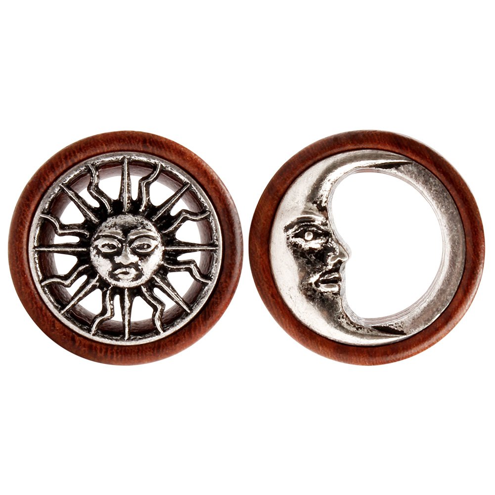 KUBOOZ New Tribal Sun & Moon Organic Natural Wooden Flesh Tunnels Double Flared Ear Stretcher Saddle Plug 10mm