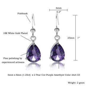 RIZILIA Dangle Drop Pierced Earrings with Pear Cut CZ [Simulated Purple Amethyst] in White Gold Plated, Simple Modern Elegant