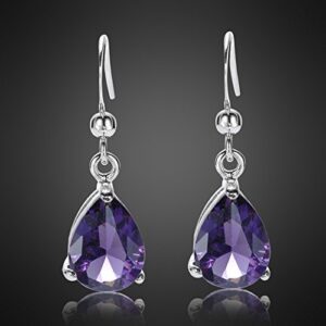 RIZILIA Dangle Drop Pierced Earrings with Pear Cut CZ [Simulated Purple Amethyst] in White Gold Plated, Simple Modern Elegant