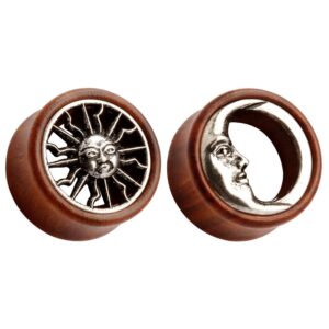 KUBOOZ New Tribal Sun & Moon Organic Natural Wooden Flesh Tunnels Double Flared Ear Stretcher Saddle Plug 10mm