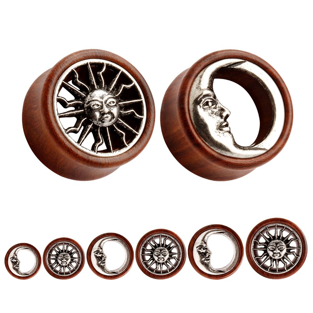 KUBOOZ New Tribal Sun & Moon Organic Natural Wooden Flesh Tunnels Double Flared Ear Stretcher Saddle Plug 10mm