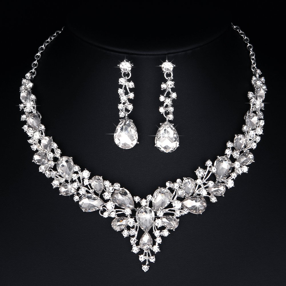 Molie Bridal Austrian Crystal Necklace and Earrings Jewelry Set Gifts fit with Wedding Dress(Clear)