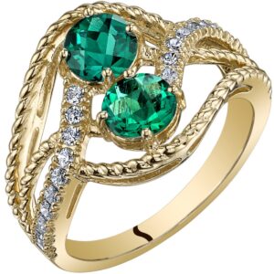 PEORA Created Emerald Two-Stone Ring for Women 14K Yellow Gold, 1 Carat total Round Shape, Size 5