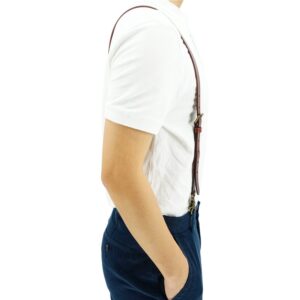 Lawevan Men's Reddish Brown Shiny Genuine Leather Suspenders, Steampunk Style Y back Adjustable Belt Loop, 3 Snap Hooks